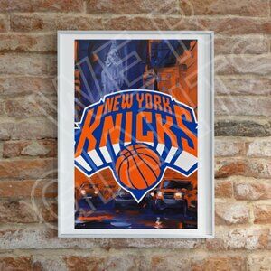 New York Knicks w/ City background (oil painting look) 11x17 Art Print